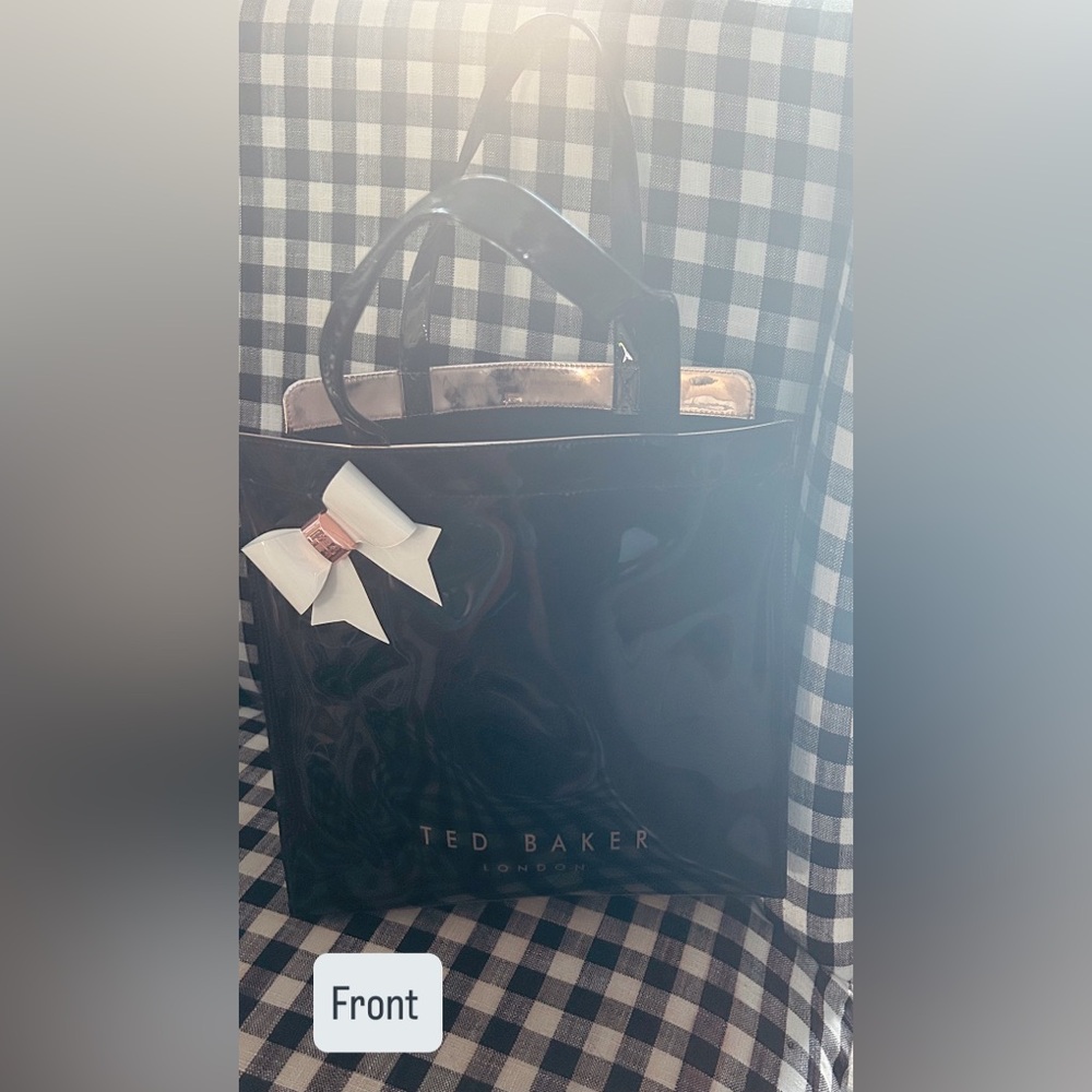 Ted Baker Black Patent Tote with Cream Bow and Rose Gold Accent